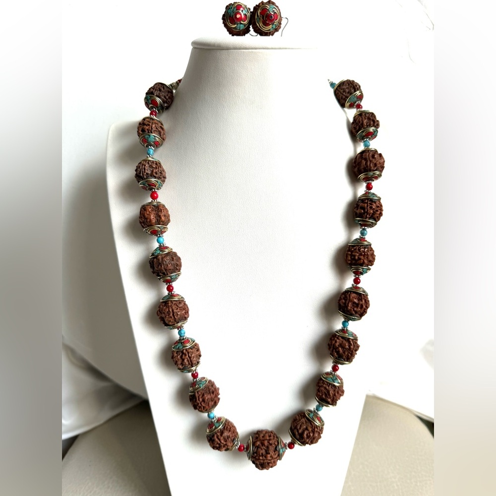 Vintage Rudraksha beads mala with brass cap & turquoise coral handmade necklace